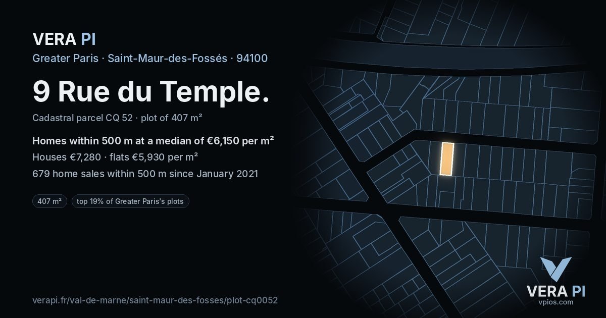 9 Rue du Temple, Saint-Maur-des-Fossés at night – the plot lit, the parcels around coloured by the prices near them