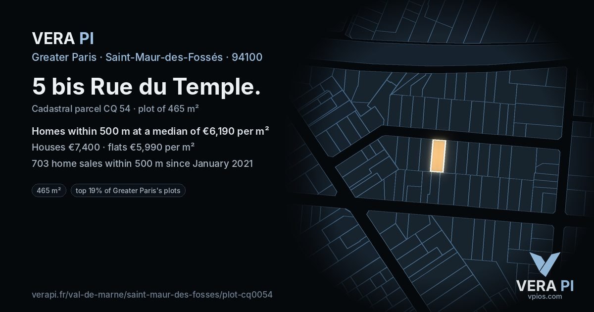5 bis Rue du Temple, Saint-Maur-des-Fossés at night – the plot lit, the parcels around coloured by the prices near them