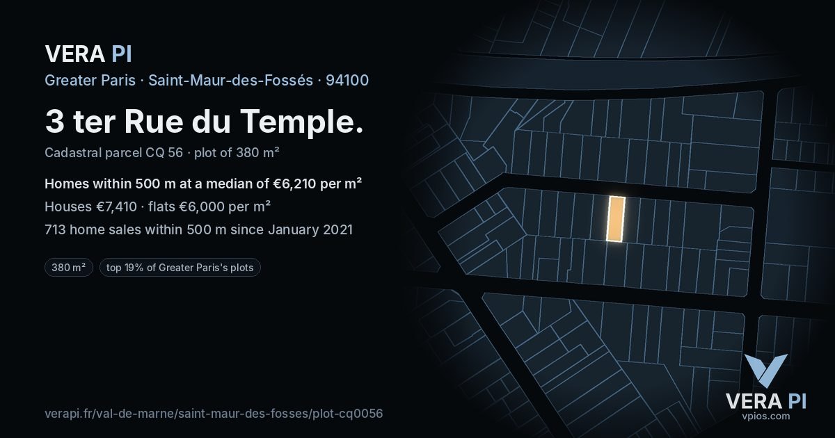 3 ter Rue du Temple, Saint-Maur-des-Fossés at night – the plot lit, the parcels around coloured by the prices near them