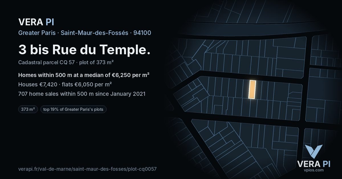 3 bis Rue du Temple, Saint-Maur-des-Fossés at night – the plot lit, the parcels around coloured by the prices near them