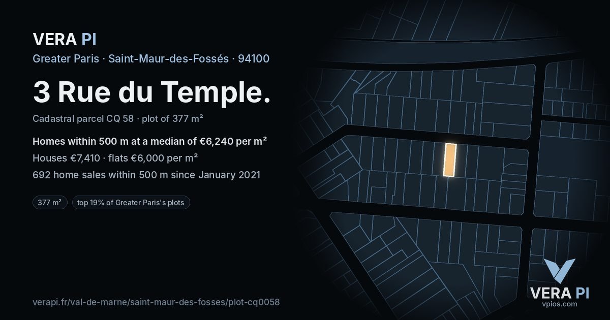 3 Rue du Temple, Saint-Maur-des-Fossés at night – the plot lit, the parcels around coloured by the prices near them