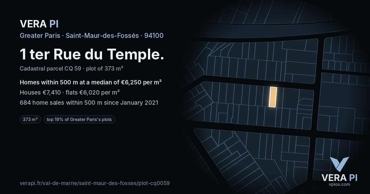1 ter Rue du Temple, Saint-Maur-des-Fossés at night – the plot lit, the parcels around coloured by the prices near them