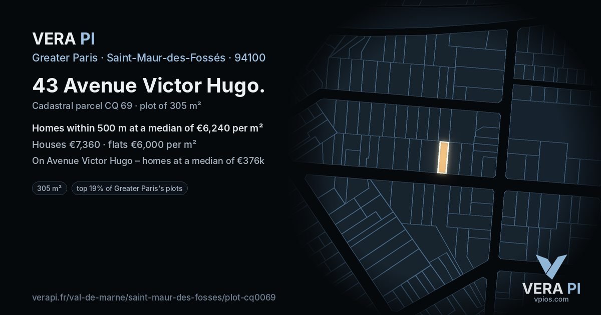 43 Avenue Victor Hugo, Saint-Maur-des-Fossés at night – the plot lit, the parcels around coloured by the prices near them