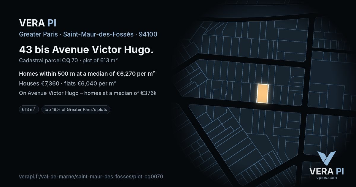 43 bis Avenue Victor Hugo, Saint-Maur-des-Fossés at night – the plot lit, the parcels around coloured by the prices near them