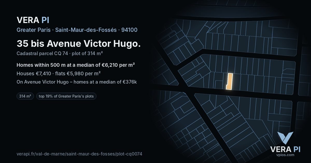 35 bis Avenue Victor Hugo, Saint-Maur-des-Fossés at night – the plot lit, the parcels around coloured by the prices near them