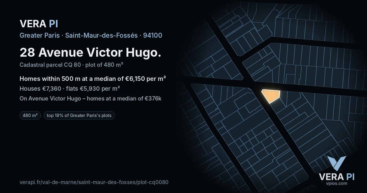 28 Avenue Victor Hugo, Saint-Maur-des-Fossés at night – the plot lit, the parcels around coloured by the prices near them