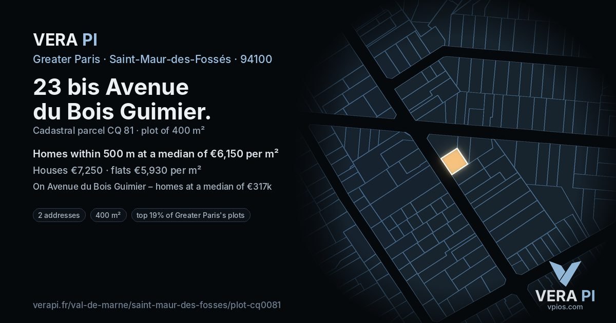 23 bis Avenue du Bois Guimier, Saint-Maur-des-Fossés at night – the plot lit, the parcels around coloured by the prices near them