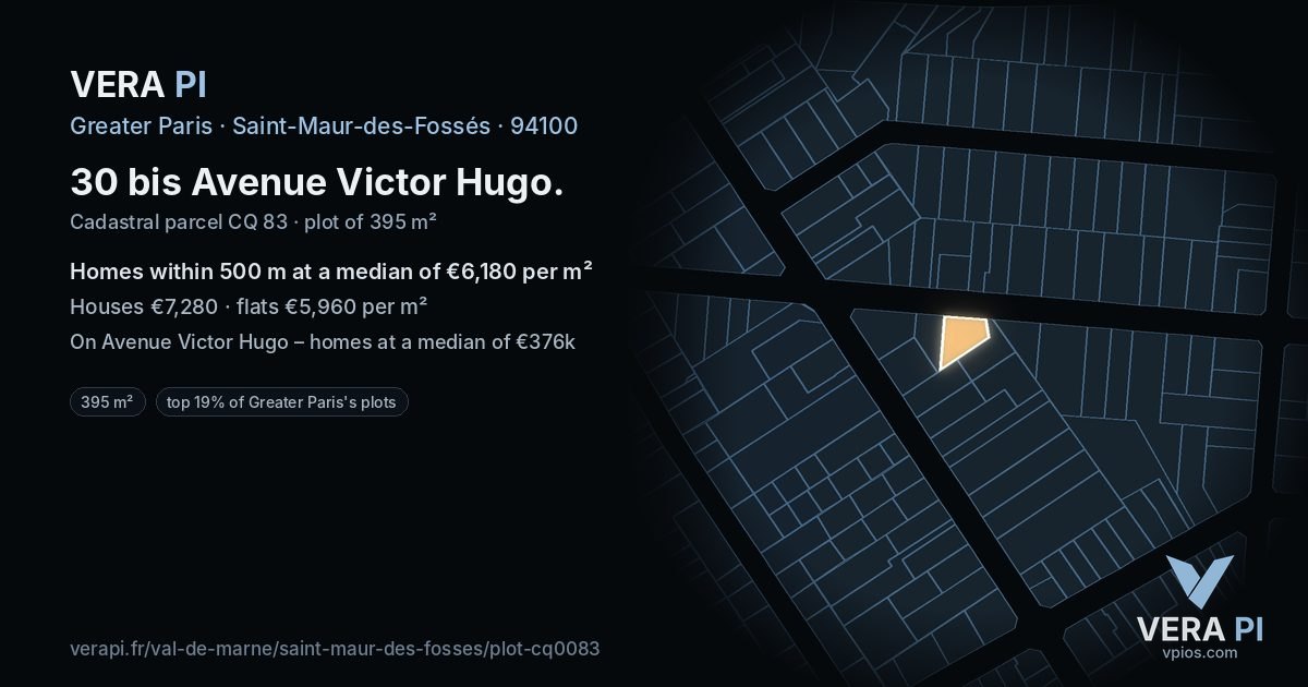 30 bis Avenue Victor Hugo, Saint-Maur-des-Fossés at night – the plot lit, the parcels around coloured by the prices near them