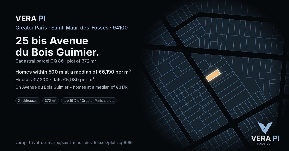 25 bis Avenue du Bois Guimier, Saint-Maur-des-Fossés at night – the plot lit, the parcels around coloured by the prices near them