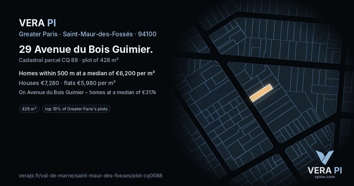 29 Avenue du Bois Guimier, Saint-Maur-des-Fossés at night – the plot lit, the parcels around coloured by the prices near them