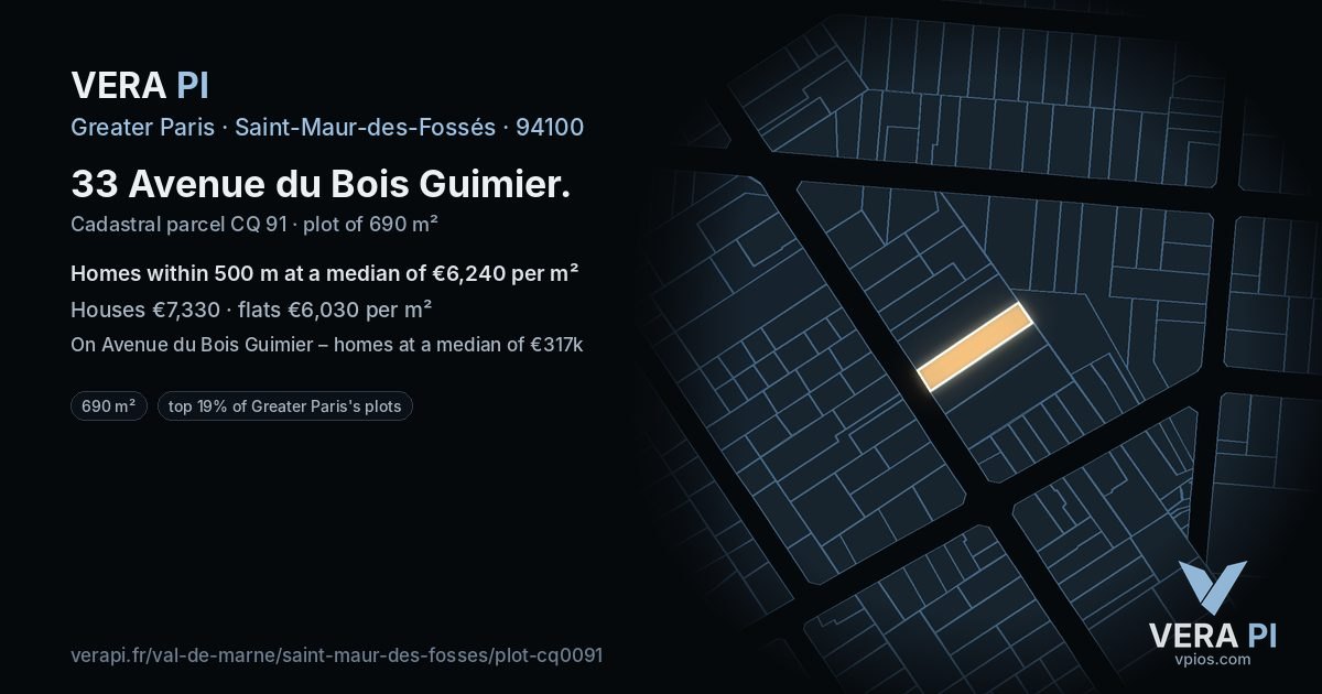 33 Avenue du Bois Guimier, Saint-Maur-des-Fossés at night – the plot lit, the parcels around coloured by the prices near them