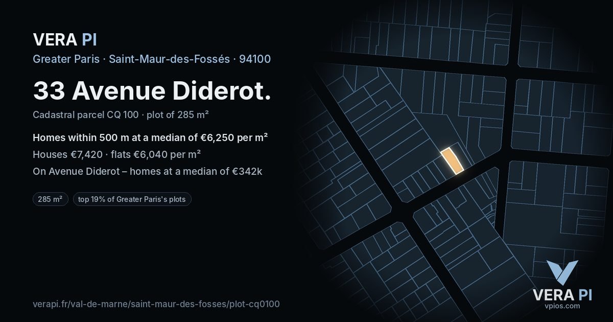 33 Avenue Diderot, Saint-Maur-des-Fossés at night – the plot lit, the parcels around coloured by the prices near them