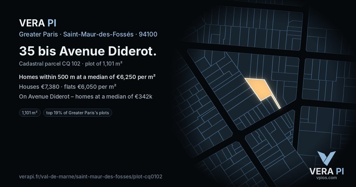35 bis Avenue Diderot, Saint-Maur-des-Fossés at night – the plot lit, the parcels around coloured by the prices near them