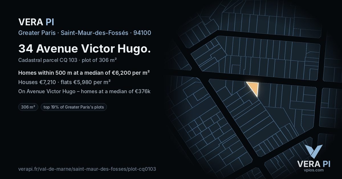 34 Avenue Victor Hugo, Saint-Maur-des-Fossés at night – the plot lit, the parcels around coloured by the prices near them