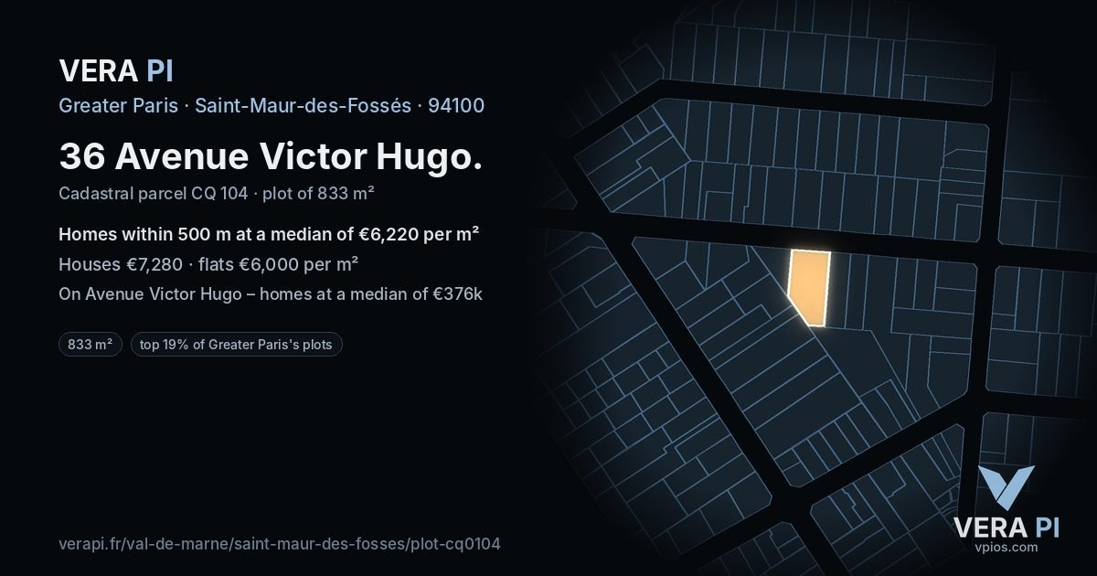 36 Avenue Victor Hugo, Saint-Maur-des-Fossés at night – the plot lit, the parcels around coloured by the prices near them