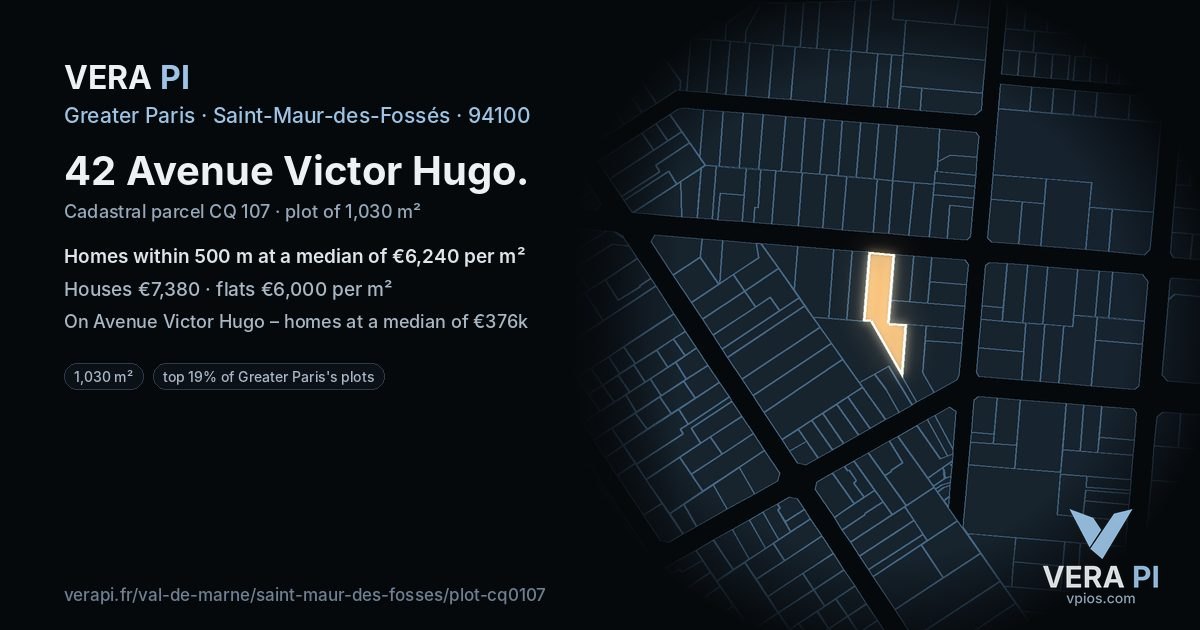 42 Avenue Victor Hugo, Saint-Maur-des-Fossés at night – the plot lit, the parcels around coloured by the prices near them