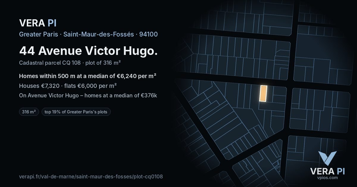 44 Avenue Victor Hugo, Saint-Maur-des-Fossés at night – the plot lit, the parcels around coloured by the prices near them