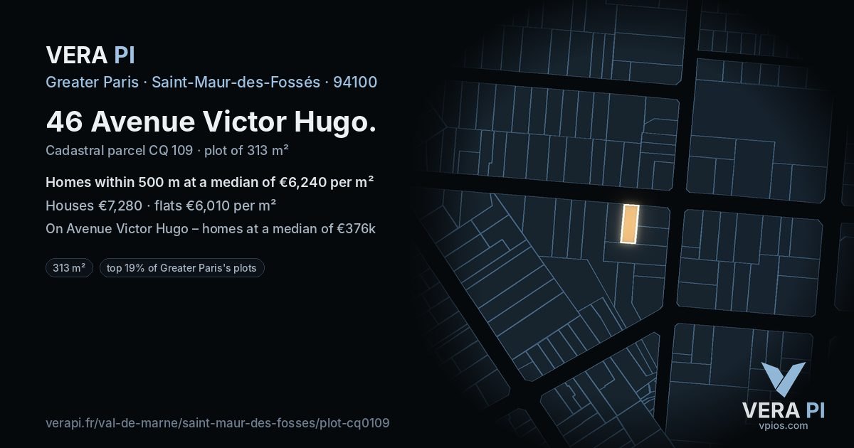 46 Avenue Victor Hugo, Saint-Maur-des-Fossés at night – the plot lit, the parcels around coloured by the prices near them