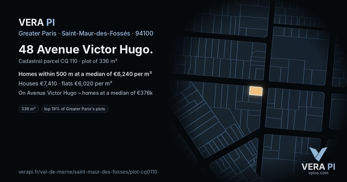 48 Avenue Victor Hugo, Saint-Maur-des-Fossés at night – the plot lit, the parcels around coloured by the prices near them