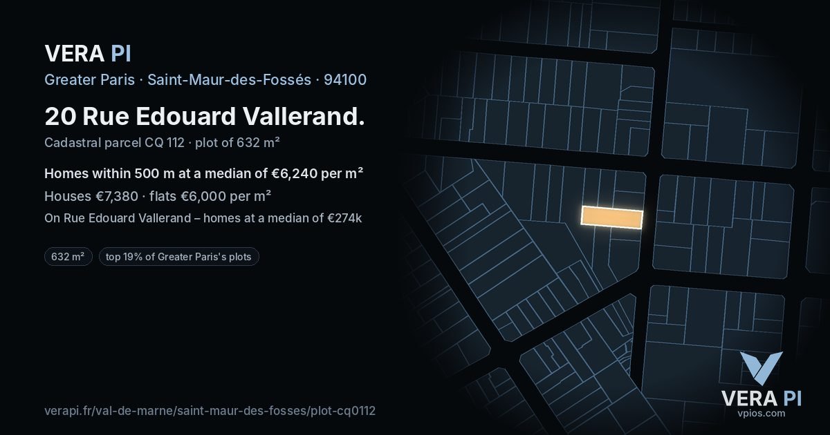 20 Rue Edouard Vallerand, Saint-Maur-des-Fossés at night – the plot lit, the parcels around coloured by the prices near them