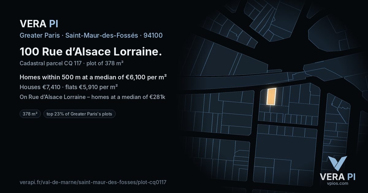 100 Rue d’Alsace Lorraine, Saint-Maur-des-Fossés at night – the plot lit, the parcels around coloured by the prices near them