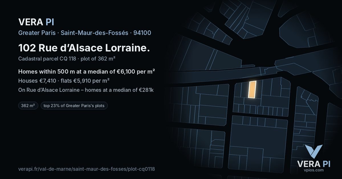 102 Rue d’Alsace Lorraine, Saint-Maur-des-Fossés at night – the plot lit, the parcels around coloured by the prices near them