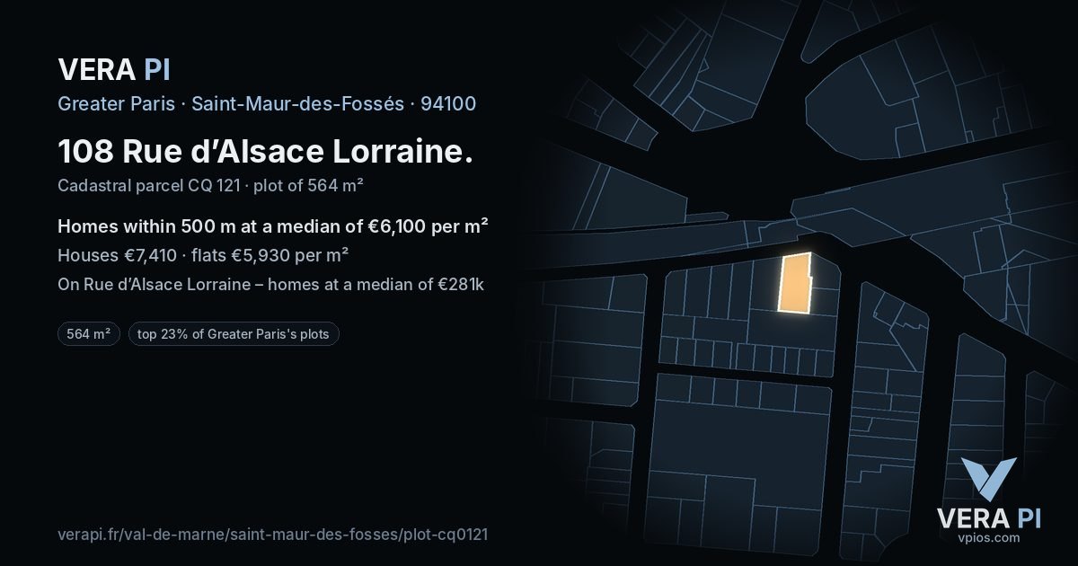 108 Rue d’Alsace Lorraine, Saint-Maur-des-Fossés at night – the plot lit, the parcels around coloured by the prices near them