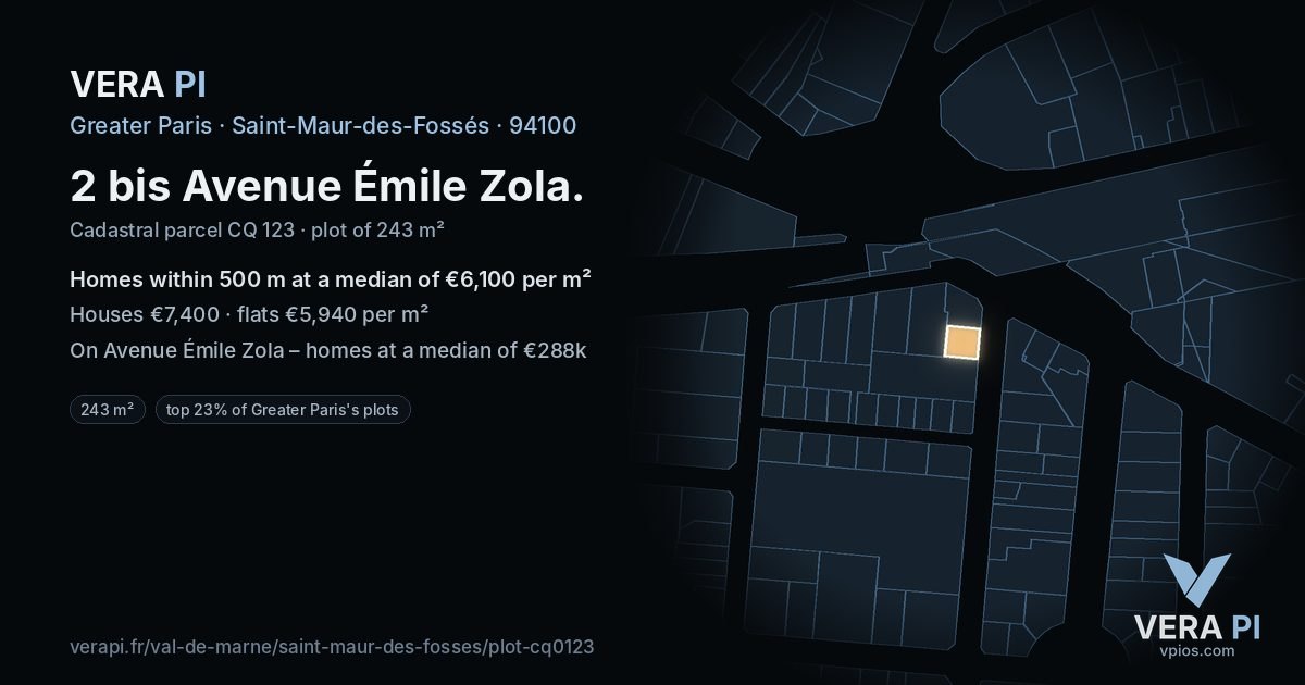 2 bis Avenue Émile Zola, Saint-Maur-des-Fossés at night – the plot lit, the parcels around coloured by the prices near them