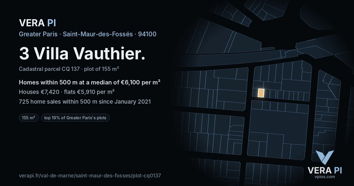 3 Villa Vauthier, Saint-Maur-des-Fossés at night – the plot lit, the parcels around coloured by the prices near them