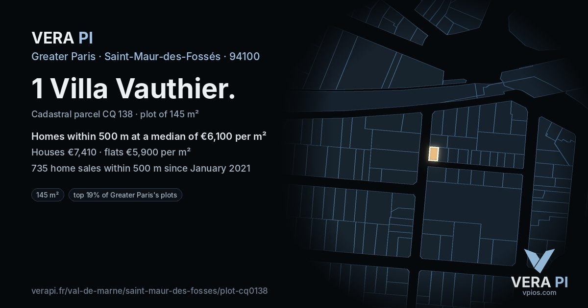 1 Villa Vauthier, Saint-Maur-des-Fossés at night – the plot lit, the parcels around coloured by the prices near them