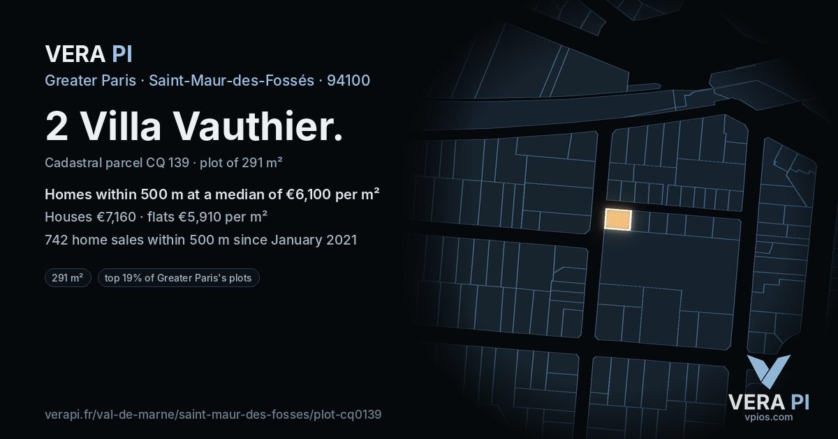 2 Villa Vauthier, Saint-Maur-des-Fossés at night – the plot lit, the parcels around coloured by the prices near them