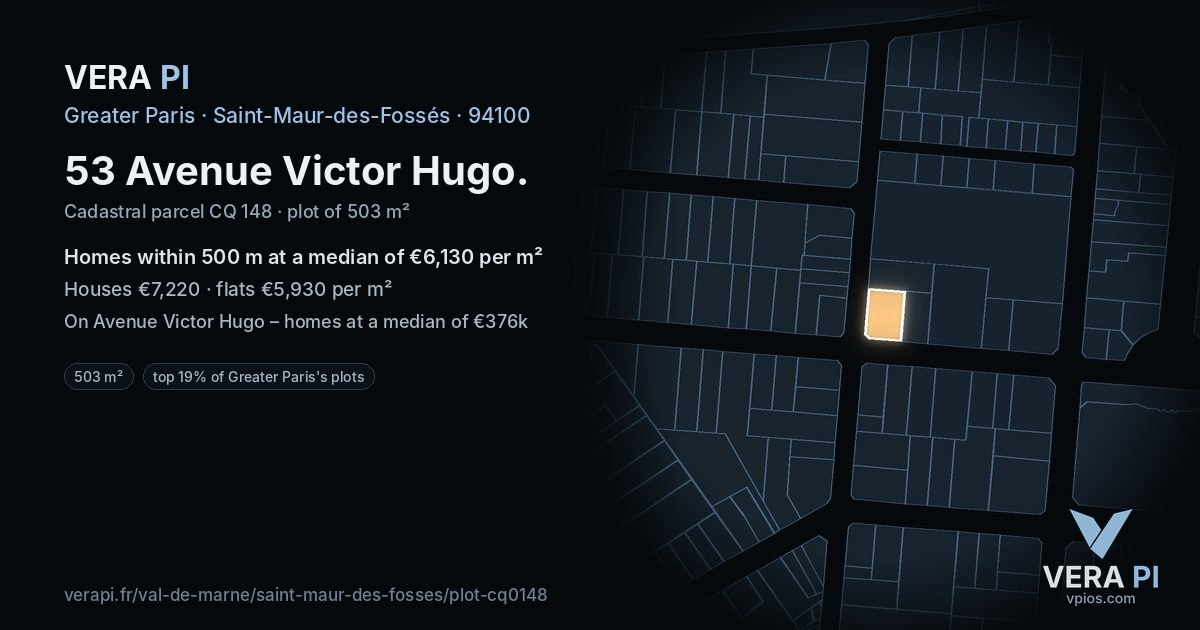 53 Avenue Victor Hugo, Saint-Maur-des-Fossés at night – the plot lit, the parcels around coloured by the prices near them