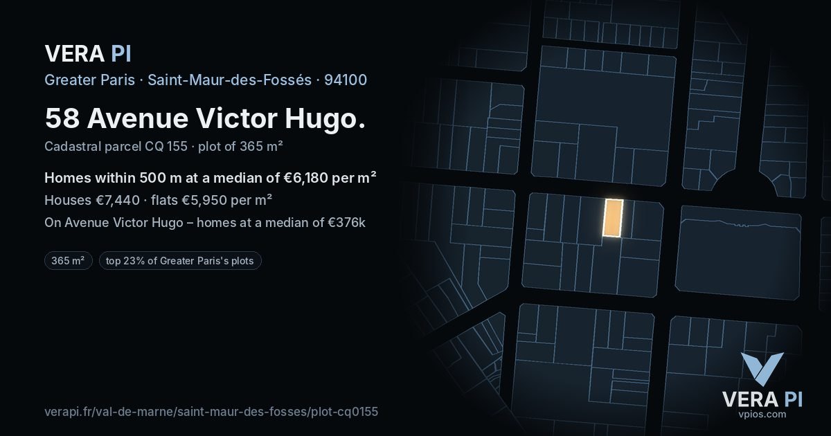 58 Avenue Victor Hugo, Saint-Maur-des-Fossés at night – the plot lit, the parcels around coloured by the prices near them