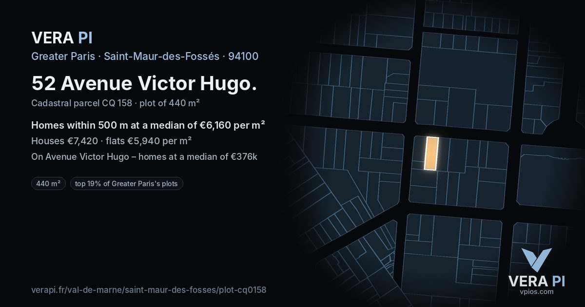 52 Avenue Victor Hugo, Saint-Maur-des-Fossés at night – the plot lit, the parcels around coloured by the prices near them