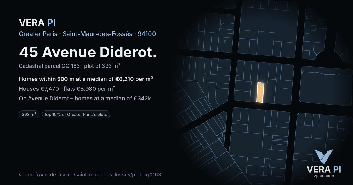 45 Avenue Diderot, Saint-Maur-des-Fossés at night – the plot lit, the parcels around coloured by the prices near them