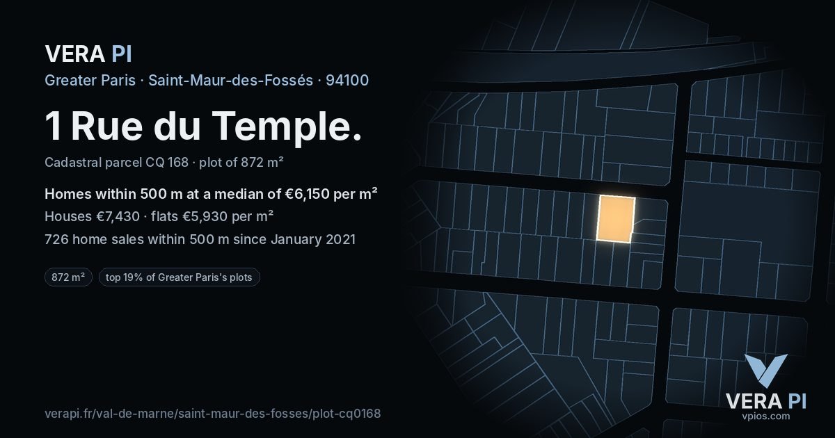1 Rue du Temple, Saint-Maur-des-Fossés at night – the plot lit, the parcels around coloured by the prices near them