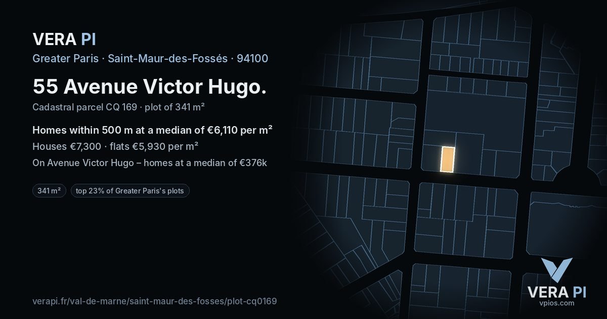 55 Avenue Victor Hugo, Saint-Maur-des-Fossés at night – the plot lit, the parcels around coloured by the prices near them