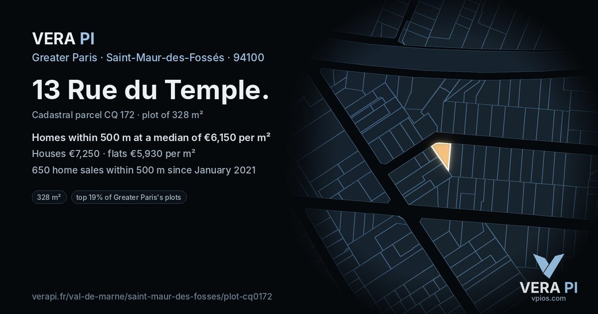 13 Rue du Temple, Saint-Maur-des-Fossés at night – the plot lit, the parcels around coloured by the prices near them