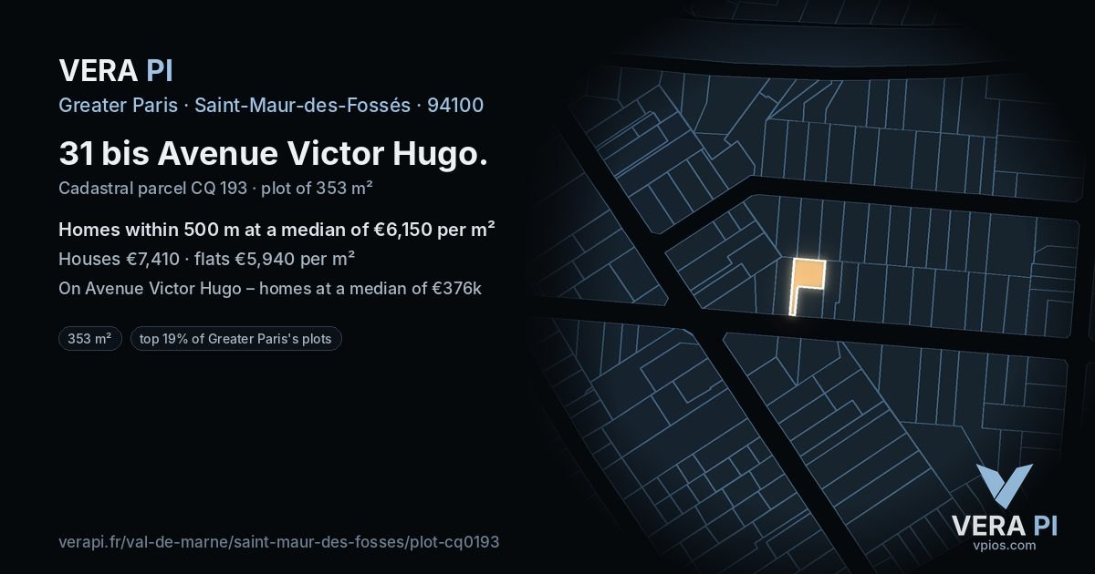31 bis Avenue Victor Hugo, Saint-Maur-des-Fossés at night – the plot lit, the parcels around coloured by the prices near them