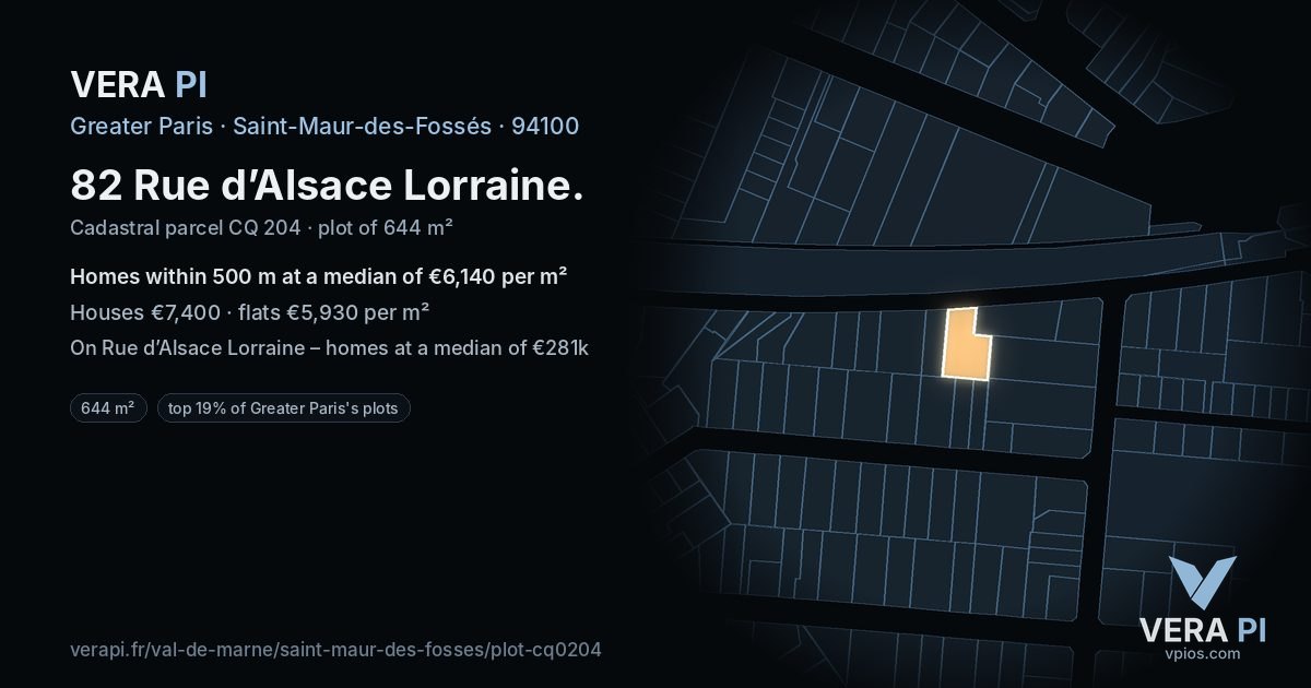 82 Rue d’Alsace Lorraine, Saint-Maur-des-Fossés at night – the plot lit, the parcels around coloured by the prices near them