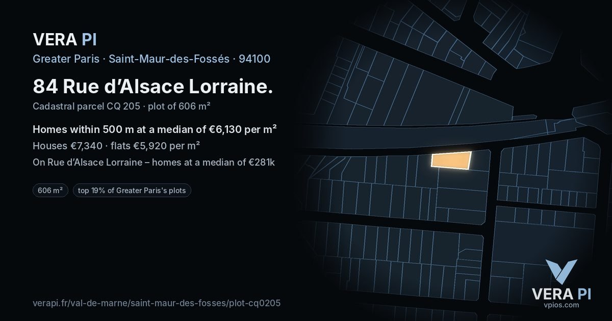 84 Rue d’Alsace Lorraine, Saint-Maur-des-Fossés at night – the plot lit, the parcels around coloured by the prices near them