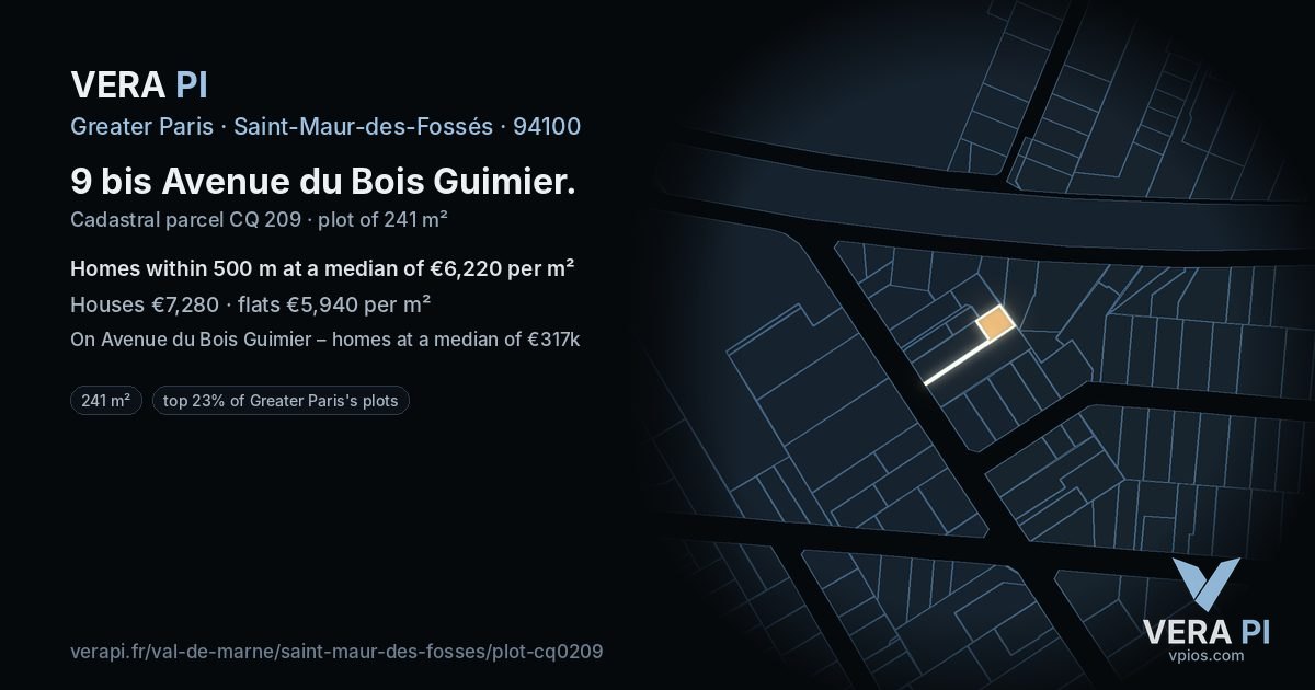 9 bis Avenue du Bois Guimier, Saint-Maur-des-Fossés at night – the plot lit, the parcels around coloured by the prices near them