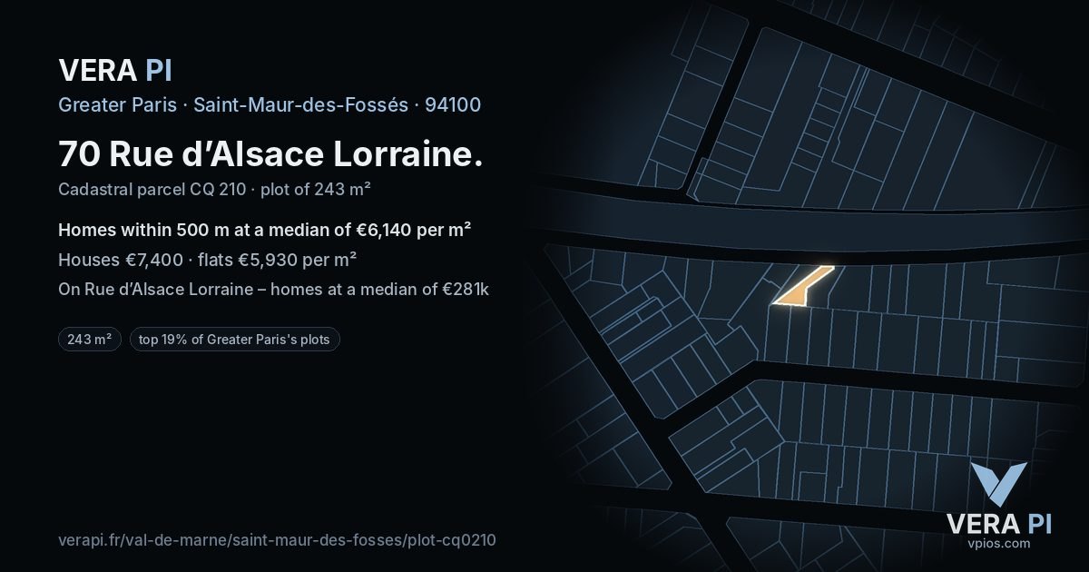 70 Rue d’Alsace Lorraine, Saint-Maur-des-Fossés at night – the plot lit, the parcels around coloured by the prices near them