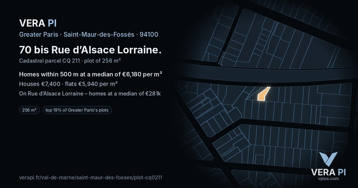 70 bis Rue d’Alsace Lorraine, Saint-Maur-des-Fossés at night – the plot lit, the parcels around coloured by the prices near them