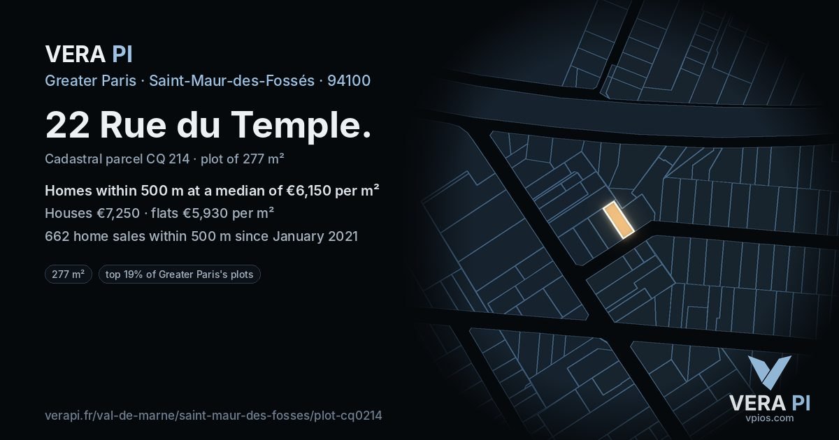 22 Rue du Temple, Saint-Maur-des-Fossés at night – the plot lit, the parcels around coloured by the prices near them