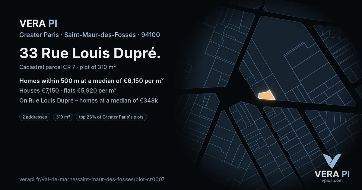 33 Rue Louis Dupré, Saint-Maur-des-Fossés at night – the plot lit, the parcels around coloured by the prices near them