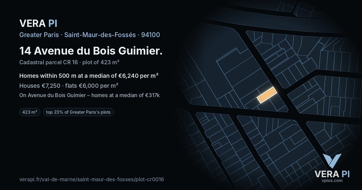 14 Avenue du Bois Guimier, Saint-Maur-des-Fossés at night – the plot lit, the parcels around coloured by the prices near them