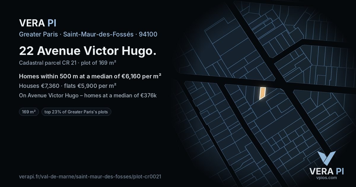 22 Avenue Victor Hugo, Saint-Maur-des-Fossés at night – the plot lit, the parcels around coloured by the prices near them