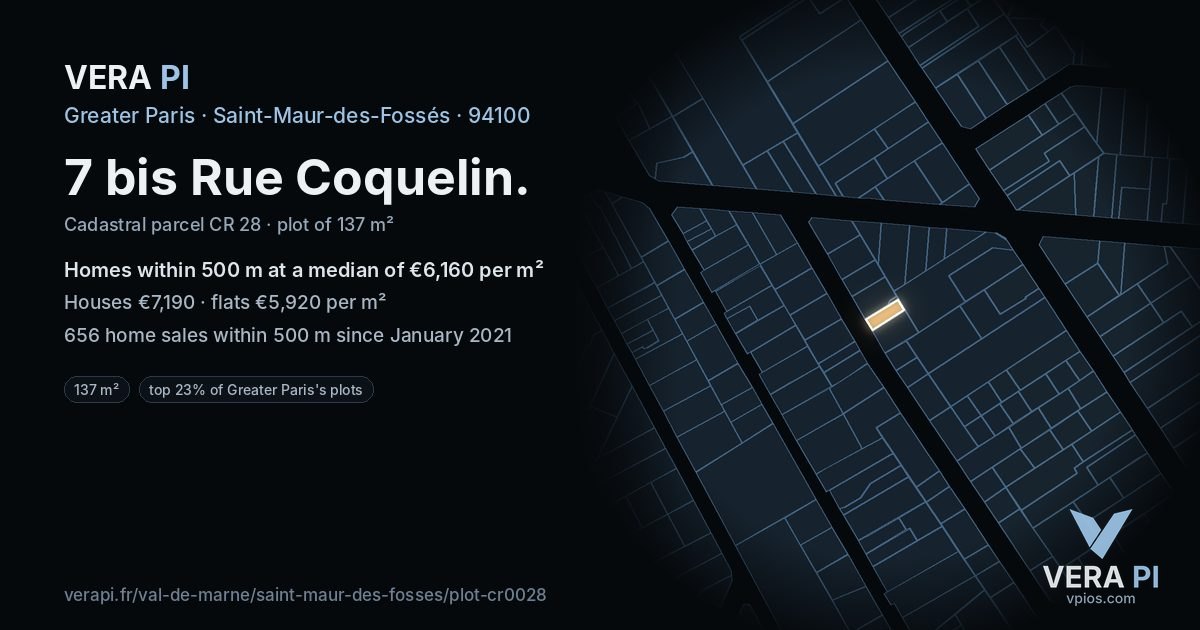 7 bis Rue Coquelin, Saint-Maur-des-Fossés at night – the plot lit, the parcels around coloured by the prices near them