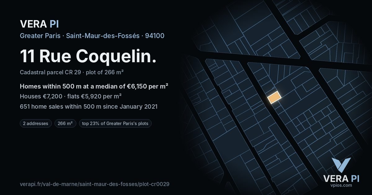 11 Rue Coquelin, Saint-Maur-des-Fossés at night – the plot lit, the parcels around coloured by the prices near them